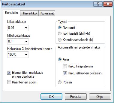 Yleistä Kursorin asetukset Automaattinen pisteiden haku Tarkoittaa sitä, että ohjelma ehdottaa lähinnä hiiren osoitinta sijaitsevaa kulmapistettä.
