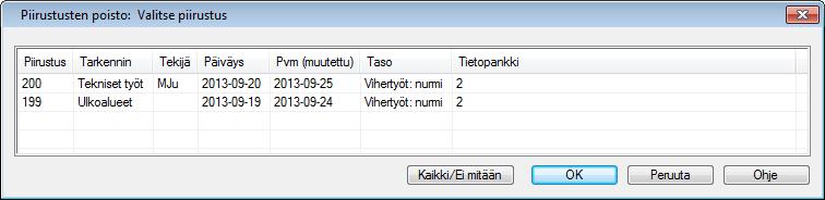 Projektin tiedot Projektin/piirustuksen poistaminen Koko projektin poistaminen piirustuksineen: Aktiiviprojektia ei voi poistaa!