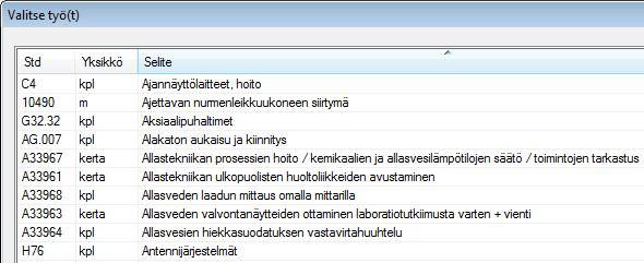 Työmäärälaskenta Töiden lisääminen standardin etsiminen Halutun standardin etsintää helpottaa se, että voit järjestää rivejä sarakeotsikoiden (koodi, yksikkö, selite) mukaiseen järjestykseen.