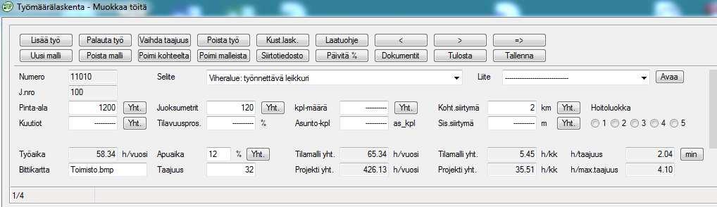 Työmäärälaskenta Hoitoluokka Laskentaprojektille voidaan määrittää sovitut hoitoluokat. Hoitoluokka pitää valita jokaiselle tilamallille erikseen.