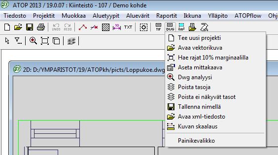 Vektorikuvien käsittely Vektorikuvien toiminnot Paina työkalurivin DWG -painiketta niin saat esiin vektorikuvan tuontiin tarvittavat toiminnot.