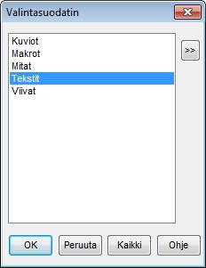 Vektorikuvien käsittely Elementin/elementtien poisto Elementtien poistaminen kuvasta (useita samantyyppisiä kerralla) Ensin valitaan valintasuodattimella mitä elementtityyppejä haluat kuvasta poistaa.