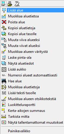 Paina sen jälkeen VALMIS eli hiiren keskimmäistä näppäintä tai näppäimistöltä v-kirjainta. Tämän jälkeen ohjelma piirtää alueen ääriviivat punaisella.