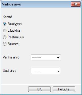 Vaihda arvo painikkeesta voit korvata määrätyn kentän arvon uudella arvolla. Näytä alue painikkeesta näet kyseisen alueen piirustuksessa.