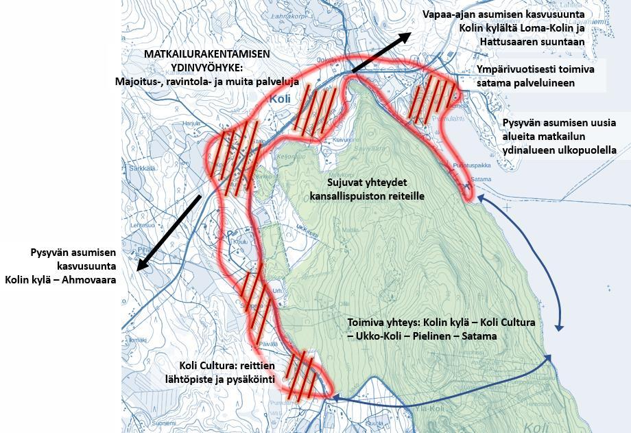 Kehittämisen keskeisimpänä ytimenä on Kolin kansallispuiston ulkopuolelle rajautuva vyöhyke, joka ulottuu Purnulahdesta ja Kolin satamasta Kolin kylälle ja edelleen Ylä-Kolin risteyksen tienoille