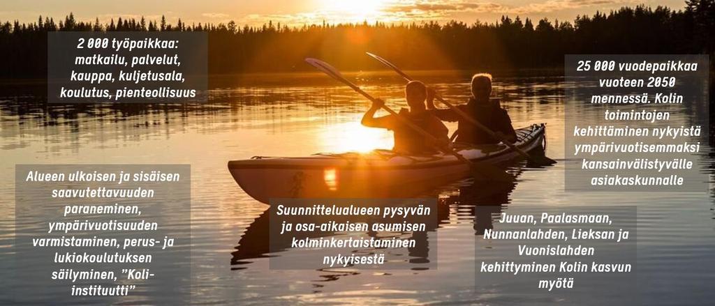 TAUSTA JA TAVOITE Koli on brändiltään tunnettu ja vetovoimainen matkailukohde, jolla on erittäin runsasta potentiaalia kasvaa nykyistä huomattavasti suuremmaksi, ympärivuotisemmaksi ja elävämmäksi