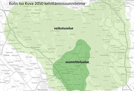 TARKASTELUALUE Kolin Iso Kuva 2050 -selvityksessä on tarkasteltu ydinalueen lisäksi laajemmin sitä vaikutusaluetta, johon Kolin kehittyminen parhaimmillaan voi ulottua.