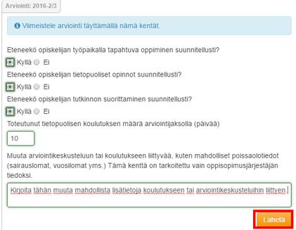 Kun sanallinen arviointi on tehty, siirrytään sivulla alaspäin Arviointi -kohtaan, jossa viimeistellään jaksoarviointi.