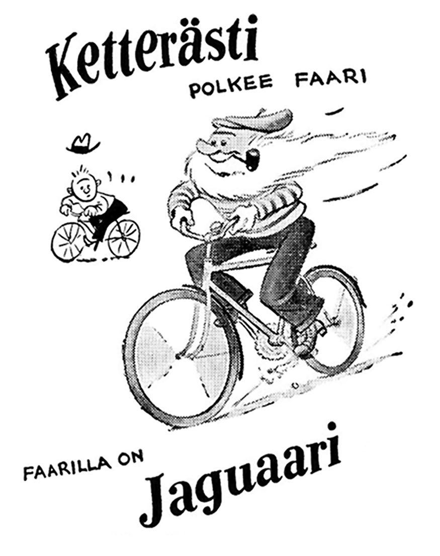 Jaguar-mainos vuodelta 1958 Kuva: Jaguar-mainos vuodelta 1958 / muokannut Kirsi Alastalo Väriä ja huvia pyöräilyyn Pyöriin alkoi ilmestyä monenlaista koristetta, väriä ja varustetta 50-luvun alussa.