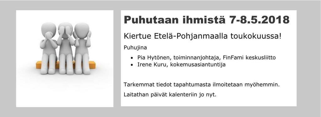 1. klo 12 Fazer Seinäjoen kaupunginteatteri, Alvar Aallonkatu 12 ke 28.2. klo 12 Cafeteria Salotta, Maakunnankatu 3, Seinäjoki ke 28.