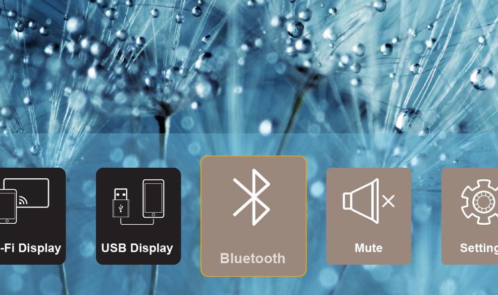 PROJEKTORIN KÄYTTÖ Liittäminen langattomaan kaiuttimeen Voit liittää sisäisellä Bluetooth-moduulilla projektorin Bluetooth-kaiuttimeen tai -äänipalkkiin. 1. Avaa Bluetooth-valikko.