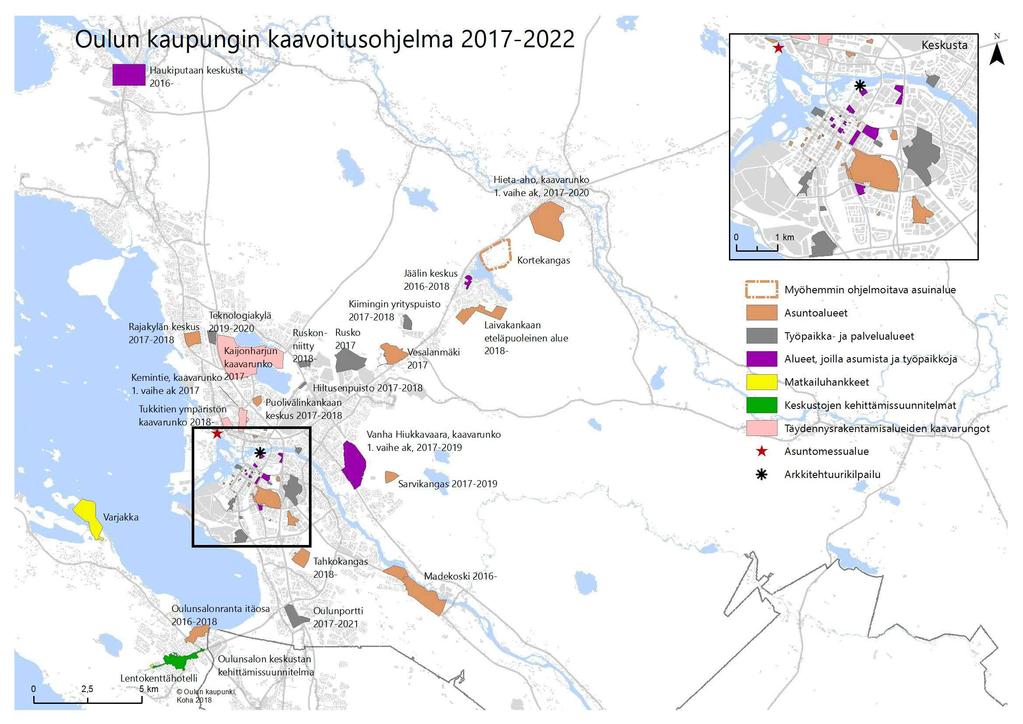 24 Tärkeimmät kaavoituskohteet Asuntotuotannon täydennysrakentamisalueet: Oulun keskusta, Kaijonharju, Karjasilta, Kaukovainio, Välivainio, Puolivälinkangas, Toppila, Vanha Hiukkavaara, Tahkokangas,