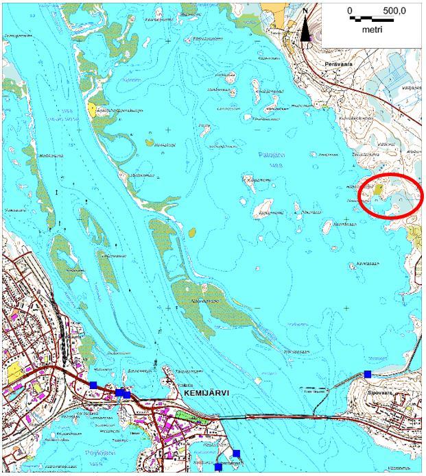 Kuva 6.6-7. Padot ja syvyyskäyrät Patojärvi.