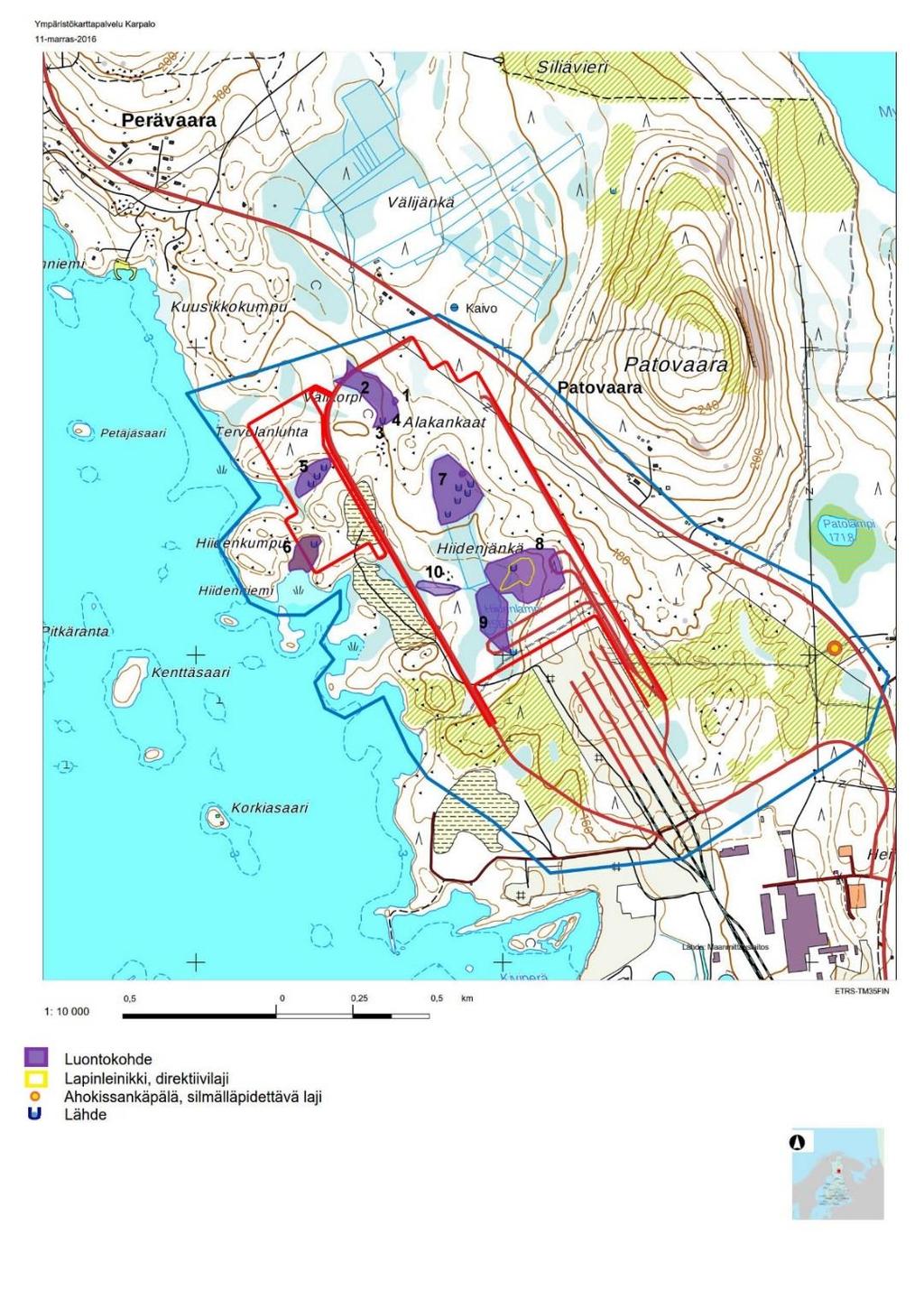 Kuva 6.10-1. Hankealueen arvokkaat luontokohteet ja lajit (ERP Lumi ja turve 2015 ja PK Jooga ja luonto 2016a). Kohteilla 1, 3, 4, 5, 6, 7, 8 ja 9 on lähteitä, lähdesoita ja lähdepuroja.