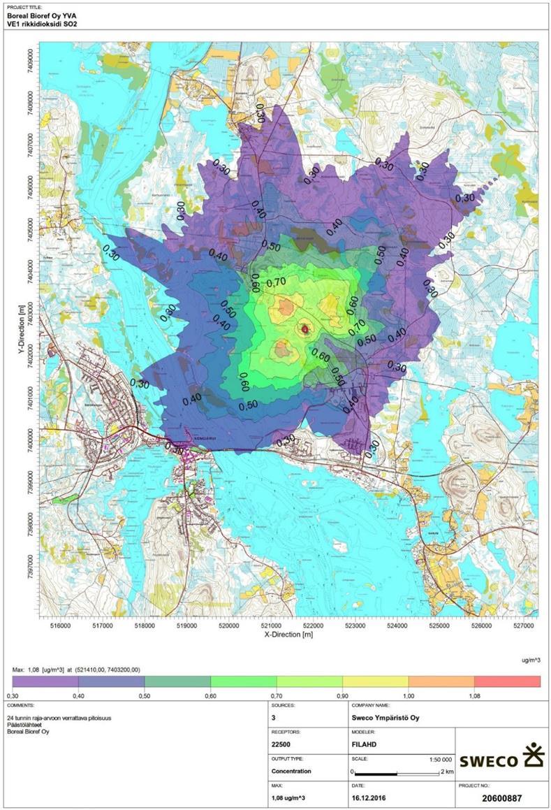 164(262) Kuva 7.3-1. Rikkidioksidin (SO2) korkein vuorokausiraja-arvoon verrannollinen pitoisuus.