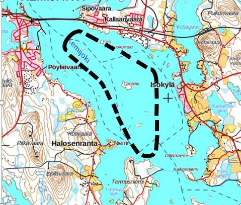 KUVA 7.4-15. Suuntaa antava rajaus alueesta, jolla mallinnustulosten (ks. kpl 7.4.12) perusteella jää voi heikentyä ja sula-alueita voi esiintyä.