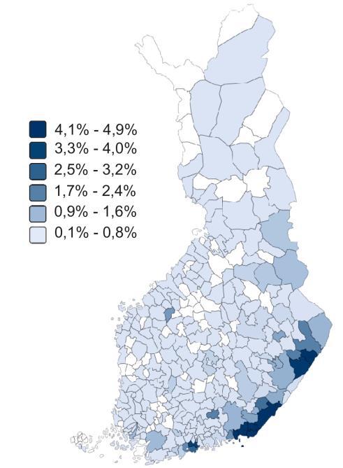 Kuva 2. Venäjänkielisen väestön osuudet vieraskielisistä maakunnittain (vasemmalla) ja kunnittain (oikealla), 2016. Lähde: Tilastokeskus Kuva 3.