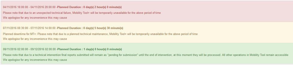 Ilmoitukset Mobility Toolissa Red Ilmoitus koskee odottamatonta teknistä ongelmaa (technical failure) Yellow Ilmoitus suunnitellusta teknisestä