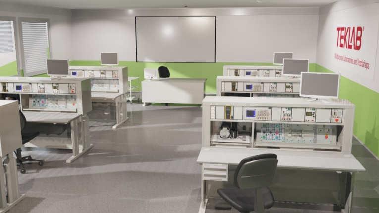 Laboratorioesimerkit MONIKÄYTTÖINEN HELP5-LABORATORIO Help5 moottoroidut monitoimityöpisteet tarjoavat joustavuutta teknisiin opetustiloihin: moottoroitu paneeliosa voidaan ajaa ylös / alas, jolloin