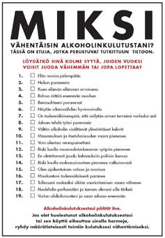 Laske viereisen sivun Audit testistä saamasi pisteet. Alapuolelta löydät taulukon, josta näet palautteen testistä. Palaute Onko sinulla riski saada alkoholista haittoja?