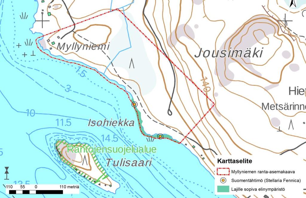 FCG SUUNNITTELU JA TEKNIIKKA OY Luontoselvitys 9 (10) Laji on havaittu 1992, 1997 ja 1999 kahdesta paikkaa kaava-alueen etelärannalta Isohiekalta (kuva 10).