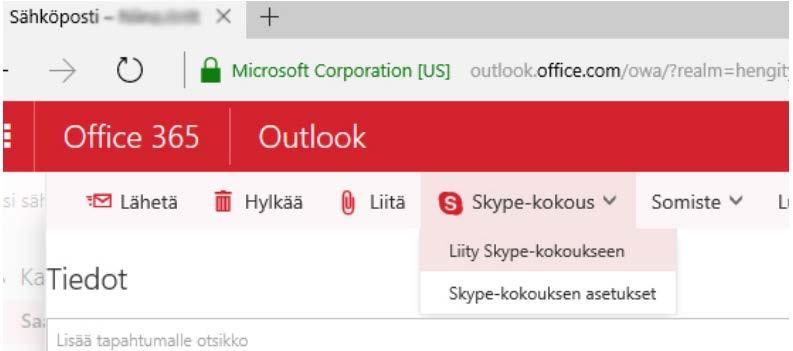 Skype for Business kokoukseen liittyminen Office 365 -ympäristöstä 19. Office 365 ympäristöstä voi kokouksen luomisen lisäksi myös liittyä omasta kalenterista löytyviin kokouksiin.