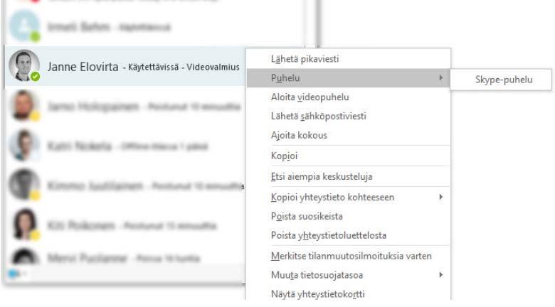 henkilöä ja valitsemalla Puhelu-valinnan alta Skype-puhelu.