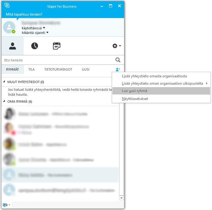 Ryhmän luonti Skype for Business ohjelmassa 9.