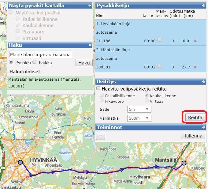 Ohje 10 (31) 4. Kun reitin alku- ja päätepysäkki on määritelty, reitin saa piirrettyä kartalle painamalla Reititä -painiketta.