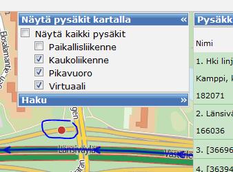 Ohje 15 (31) Alla olevassa kuvassa on esimerkkinä tilanne, missä rampilla oleva pysäkkiä ei ole automaattisesti tullut mukaan reitille, vaan se pitää lisätä käsin: 2.