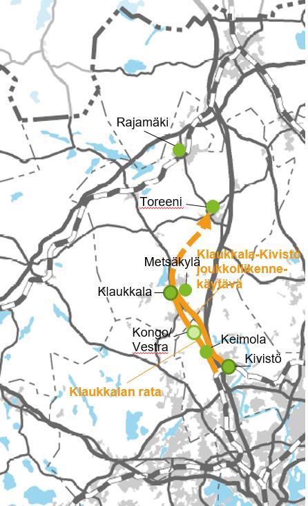 8 Klaukkalan suunta 8.1 Nykytila Klaukkala sijaitsee nykyisen rataverkon ulkopuolella, mutta suhteellisen lähellä Kivistön asemaa Kehäradalla.