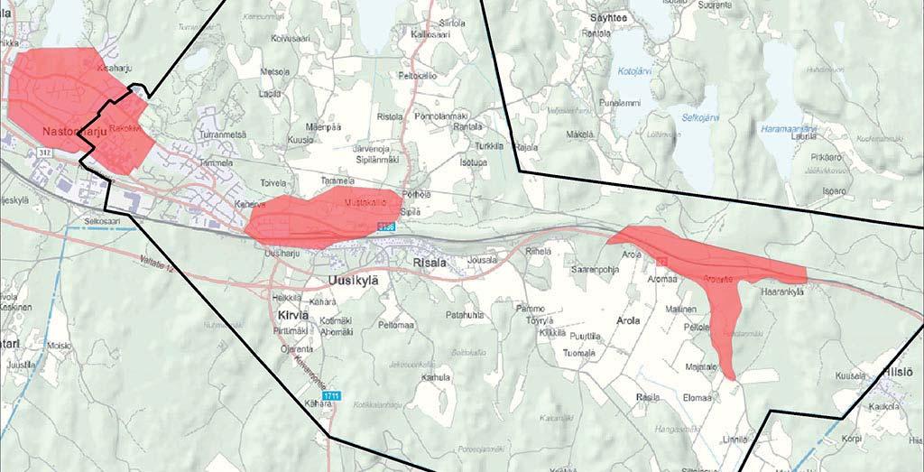 Kuva 2-3 Uudenkylän osayleiskaava-alueella olevat pohjavedenottamoiden suoja-alueet maa suoja-aluetta.