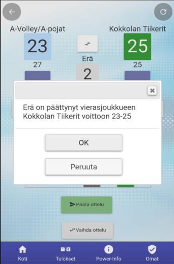 9. Ottelun päätös. Laskuri varmistaa ensin sinulta viimeisen erän tuloksen, jos tulos on oikea paina OK.