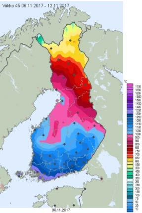 KASVUKAUSI: LÄMPÖSUMMA Havaittuun lämpösumman kertymään yhdistetään ennuste tulevien viikkojen lämpösumman kasvusta, joka lasketaan lämpötilaennusteesta.