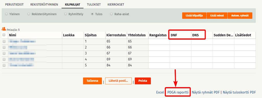 Samaa PDGA raporttia käytetään pohjana myös varsinaisen PDGA:n Internal TD Report Excelin täyttämisessä, mutta silloin export otetaan yläkilpailun, ei kierroksen, tasolta. 1.