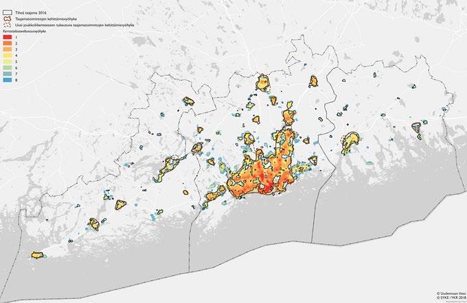 ja kantakaupungin ydinosat valtakunnankeskuksena sekä muut 48 keskustatoimintojen aluetta keskuksina.