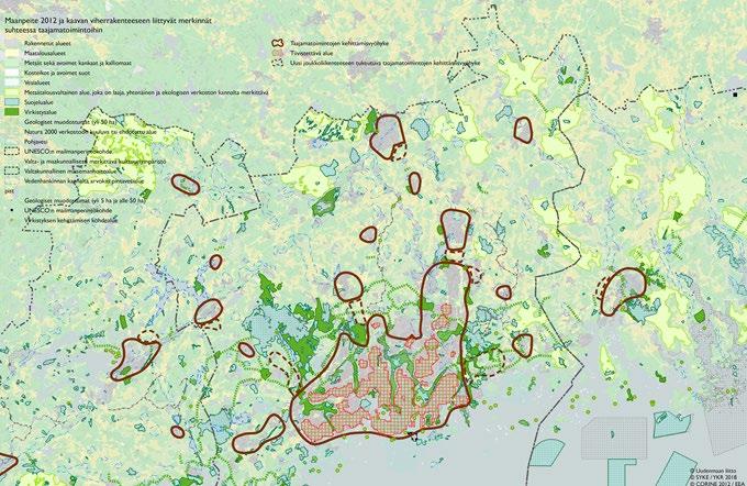 Kuva 8: Uusimaa-kaavan taajamatoimintojen kehittämisvyöhyke, viherrakenteeseen liittyvät merkinnät, sekä pohjakartta, jossa valkoiset alueet on korvattu CORINE-maanpeiteluokilla (vuoden 2012