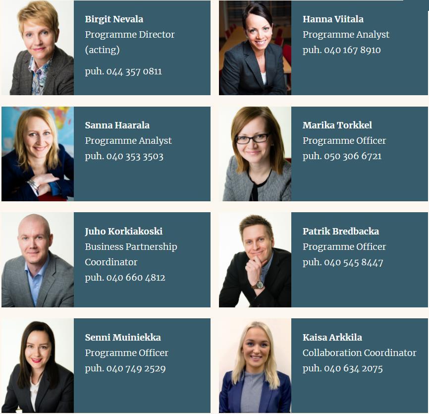 24 4. HENKILÖSTÖ JA YHTEYSTIEDOT Finnpartnershipin henkilöstön muodostivat vuoden 2017 päättyessä vt. ohjelmajohtaja sekä seitsemän asiantuntijaa.