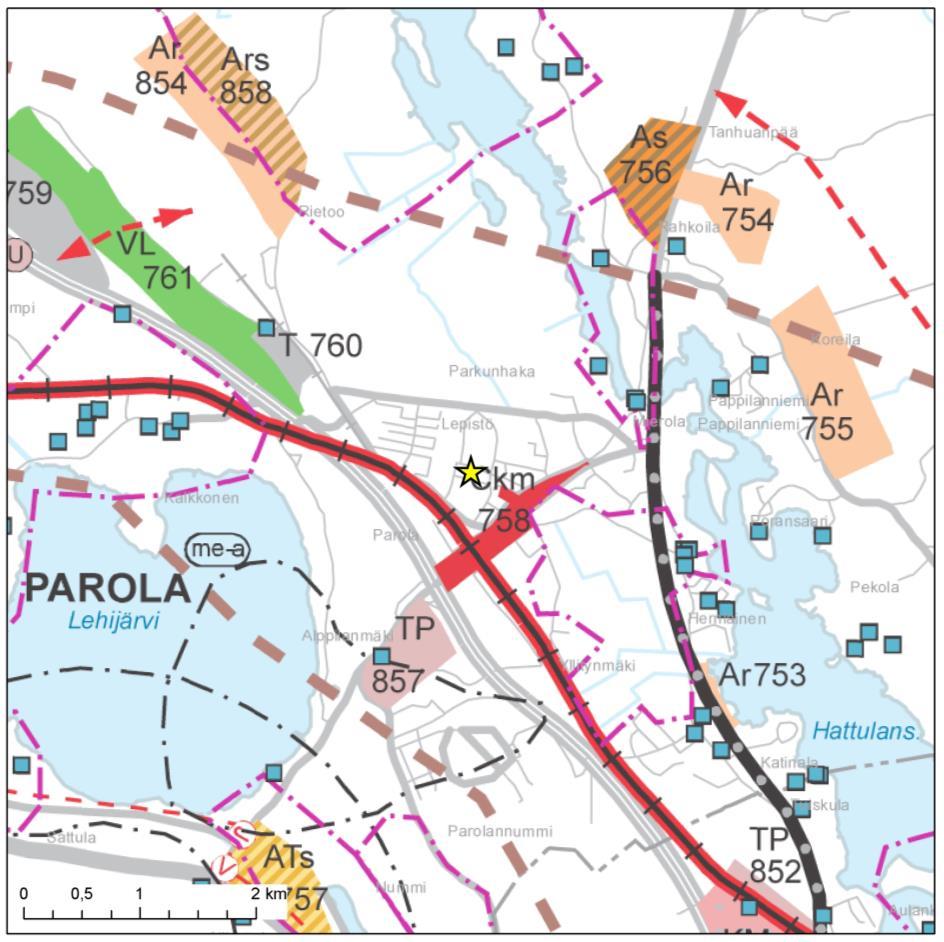 Ote Kanta-Hämeen 1. vaihemaakuntakaavasta, jssa kaava-alue sijittuu keltaisen tähden sittamaan khtaan. 4.4 Kanta-Hämeen 2.