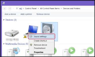 1. Napsauta hiiren kakkospainikkeella [] kohdassa [Devices] ja valitse [Sound settings] esille tulevasta valikosta. 2.