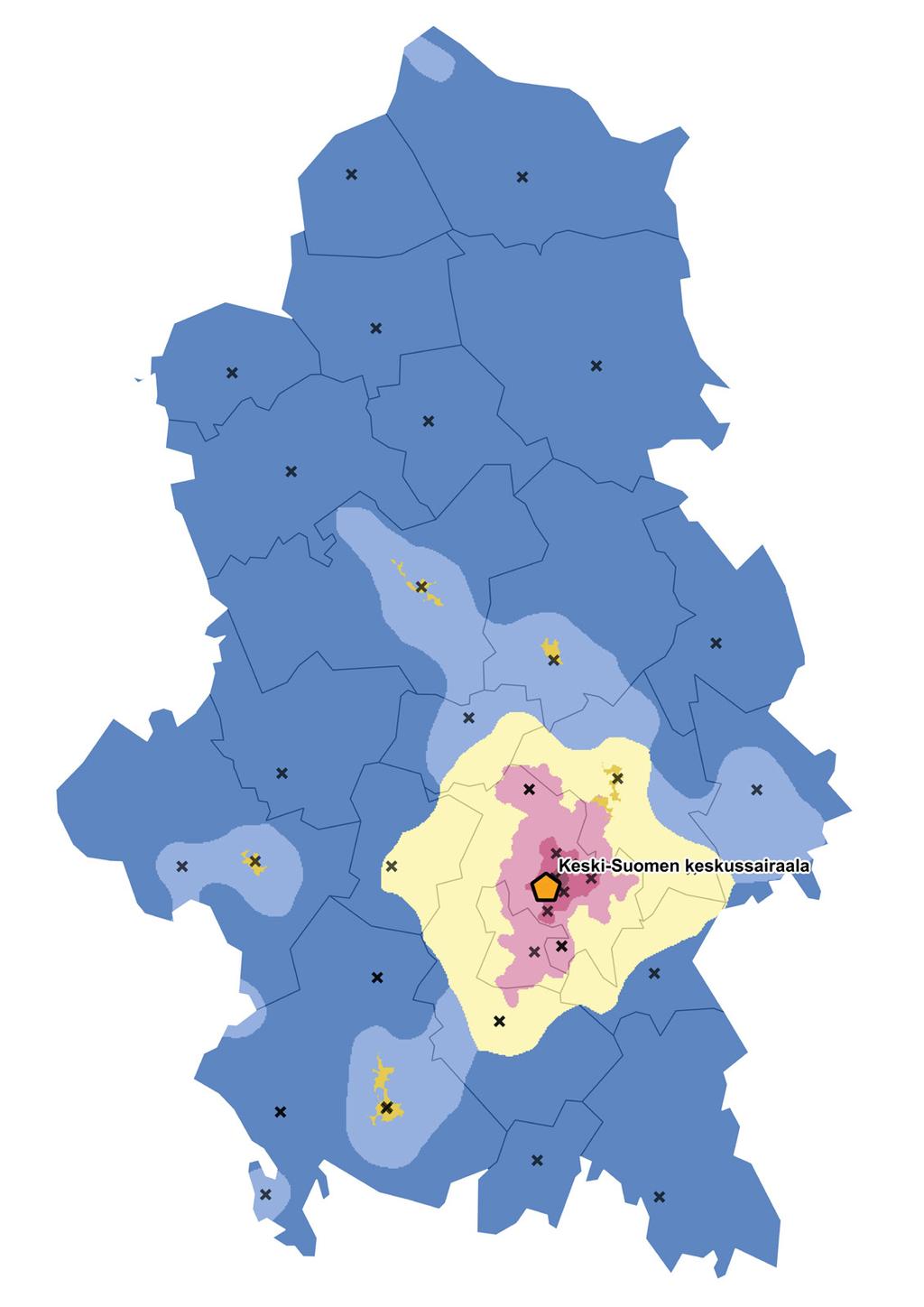 Kuvio 2 Keski-Suomen maakunnan terveydenhuollon palveluverkko ja kaupunki-maaseutu -luokitus (SYKE).