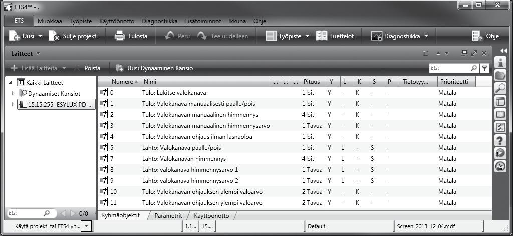KOHTEET VALOARVO Kohde 16: Tulo: lukitse valoarvon lähetys ("Input: Lock sending light value") (pituus 1 bitti) Päälle-viesti lukitsee sisäisen valoarvon lähettämisen, pois-viesti aktivoi