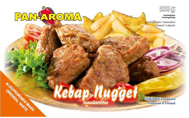 KEBAP NUGET Ainesosat: Naudanliha, vesi, soijaproteiinivalmisteet, mausteet (mm.