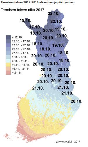 Kuva 3. Termisen talven alkaminen vuonna 2017. Touko- ja kesäkuu olivat normaalia selvästi viileämpiä ja silloin satoi Pohjois- Karjalassa hieman normaalia vähemmän.