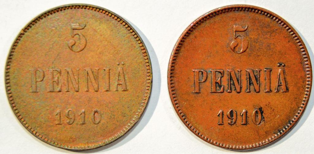 Kuva 9: Kolikoita, jotka on muunnettu vuoden 1910 5-pennisiksi.