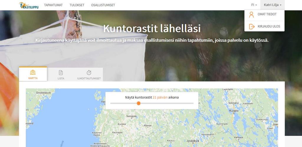 6. Lisää omiin tietoihin emit-kortin numero Nyt olet kirjautuneena Rastilippu-palveluun. Jos sinulla on oma emit-kortti, lisää Rastilippuun korttisi numero: Avaa oikealla ylhäällä Omat tiedot.