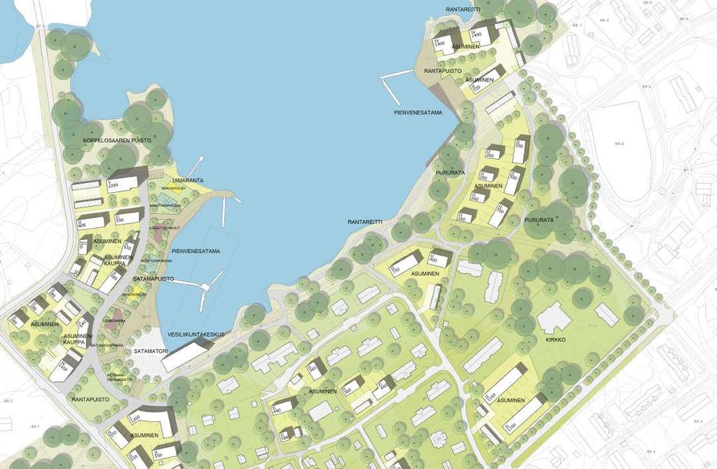 Kuva 8: Osa kehittämissuunnitelmasta 1:2000 4.2 SATAMA JA RANTAPUISTO Rantabulevardia reunustavat satamakorttelit, myös lahdenpohjukan toisella puolella.