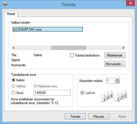 Jos haluat tietoja käytettävissä olevista tulostinajureista ja niiden käyttöä koskevista vaatimuksista, katso käyttöohjetta. Valitse [Tulosta] WordPadin [Tiedosto]-valikosta.