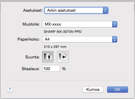 Katso ohjelmiston asennusohjetta tulostinajurin asentamiseksi ja asetusten määrittämiseksi Mac OS-ympäristössä.