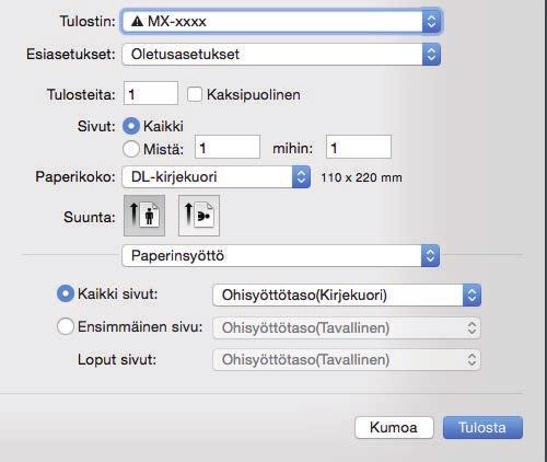 Valitse sovelluksessa kirjekuoren koko (monissa sovelluksissa asetuksen nimi on "Sivun asetukset") ja suorita sitten seuraavat vaiheet.